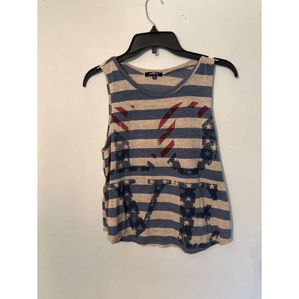 Ransom Tank Top Womens Medium Blue Tan Excellent Patriotic LOVE Graphic Stripe